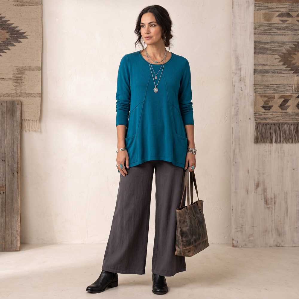 Hannah Teal Knit Tunic Sweater Pockets Lagenlook Art To Wear Exposed Seam L
